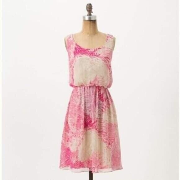 Postmark Rosy Plumes Dress Pink Size 00 Tan Lined Sleeveless Silk Anthropologie - Picture 6 of 6